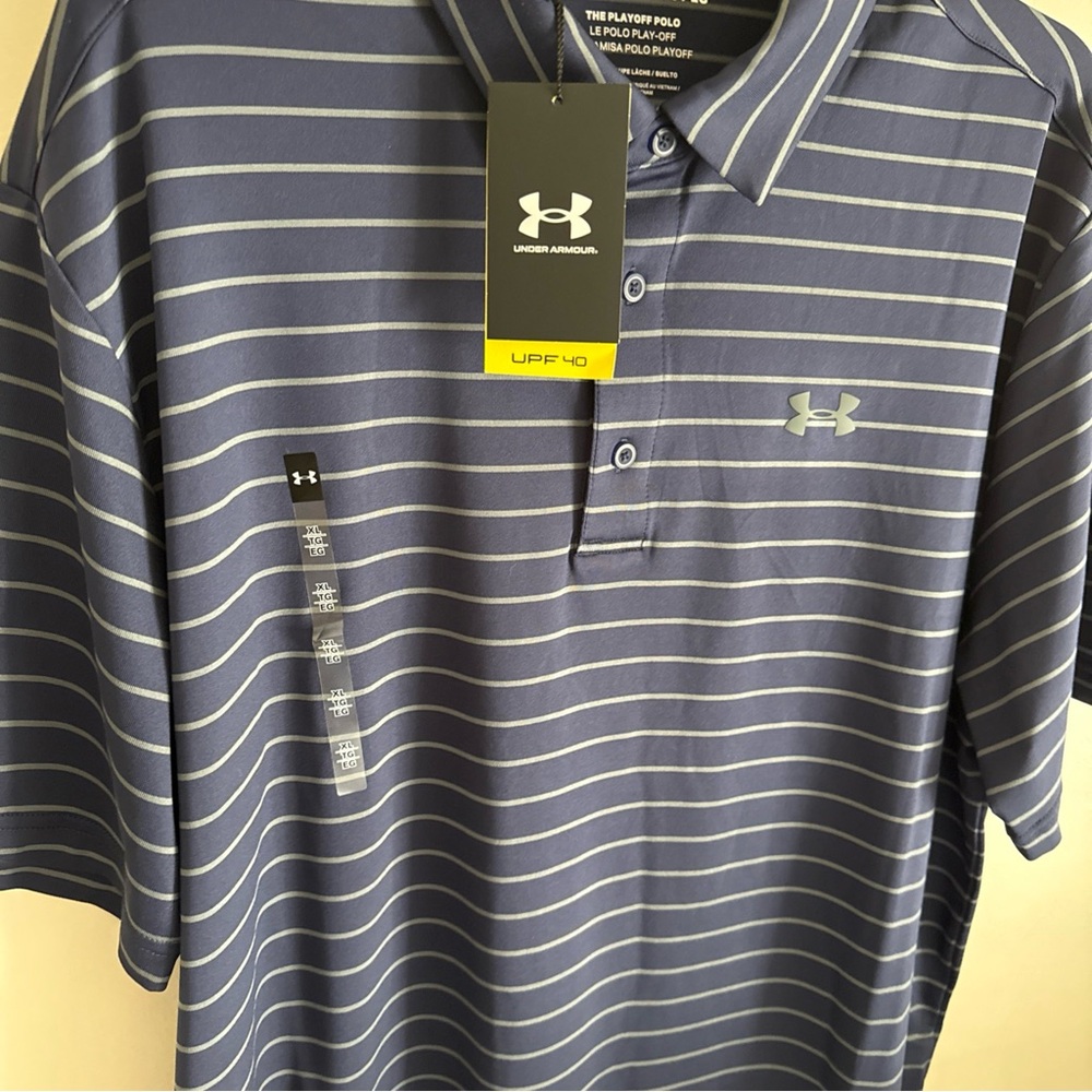 New Under Armour Playoff Polo Shirt Men's XL Navy Blue Striped Golf Performance - Picture 4 of 6